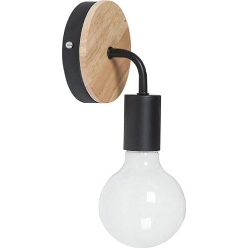 Modern Minimalist Wrought Iron Wall Lamp with E27 Lamp Holder Black White Vintage Wood Wall Light for Bedroom Living Room Indoor