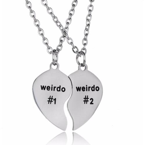 2PC Weirdo 1 & 2 Stainless Steel Broken Heart Pendant Chain Necklace Boys & Girls Couples Friends Jewelry Valentines Day Gifts
