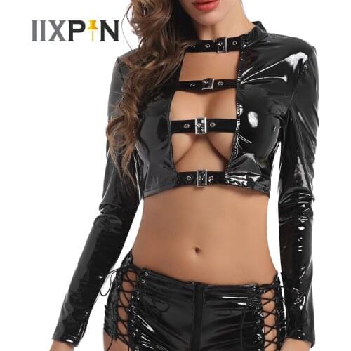 Womens Wet Look Tops Patent Leather Hollow Out Front with Buckles Gothic Crop Top for Party Clubwear Punk Moto Costume Crop Top