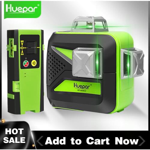 Huepar 3D Cross Line Laser Level 360 Self-leveling 12 Lines Green Beam Measure Tools Includes LR-6RG Digital LCD Laser Receiver