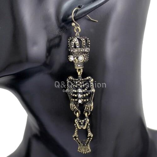 Vintage Gold Movable Skull Skeleton Queen Crown Dangle Earrings Fancy Dress Jewelry New