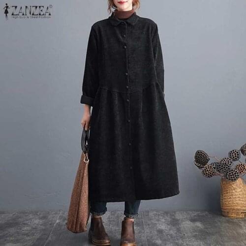 Vintage Corduroy Sundress 2021 ZANZEA Autumn Women Long Sleeve Buttons Down Dress Casual Loose Solid Mid-calf Vestidos