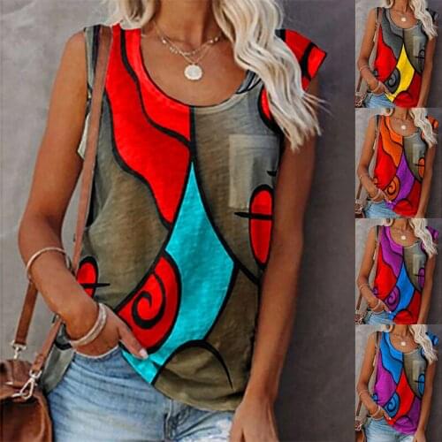 2021 Summer Fashion Printed Loose T-shirt Womens Casual Round Neck Sleeveless Color Matching T-shirt Plus Size Vest Top Women
