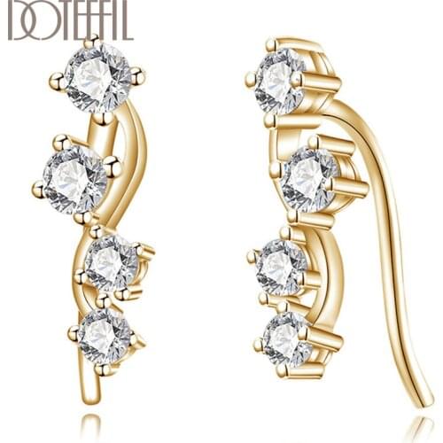 DOTEFFIL 925 Sterling Silver/18K Gold AAA Zircon Blue/White Earrings For Women Jewelry Cute Fashion Jewelry Wedding Party Gift