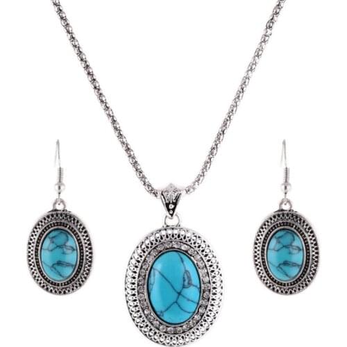 Popular Silver Plated Oval Shape Green Turquoises Stone Pendant Necklace Drop Earrings for Women Jewelry Sets