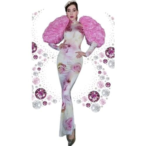 Rose Flower Pattern Puff Sleeve Pink Long Dresses Women Spandex Stage Wear Birthday Prom Party Outfit Women Dancer Show Dress