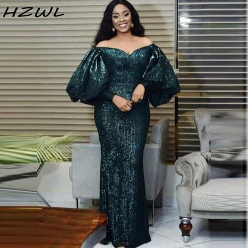 Hunter Plus Size Prom Dresses Off The Shoulder Full Sleeves Sequind Mermaid Evening Gowns Arabic Dubai Formal robe de soirée