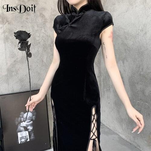 InsDoit Vintage Black Dress Turtleneck Goth Short Sleeve Bodycon Chinese Style Dress Women Sexy Split Hollow Out Bandage Dresses