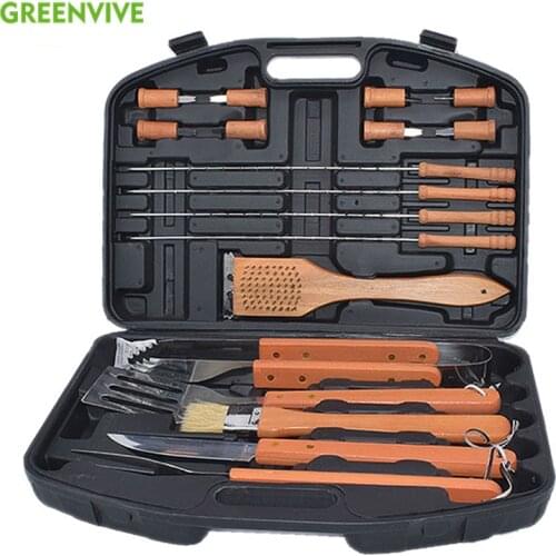 18 Pcs BBQ Tools Set Stainless Steel Wooden Handle Barbecue Tools Outdoor Camping Plastic Box Home BBQ Barbecue Grill Tool Set