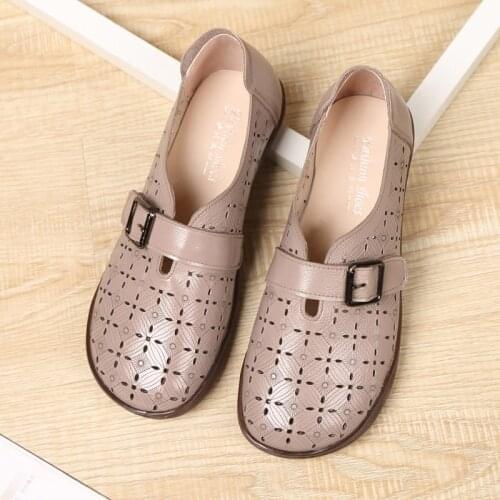 2021 New Genuine Leather Summer Shoes Woman Hollow Out Breathable Casual Flat Shoes Comfort Soft Bottom Women Shoes