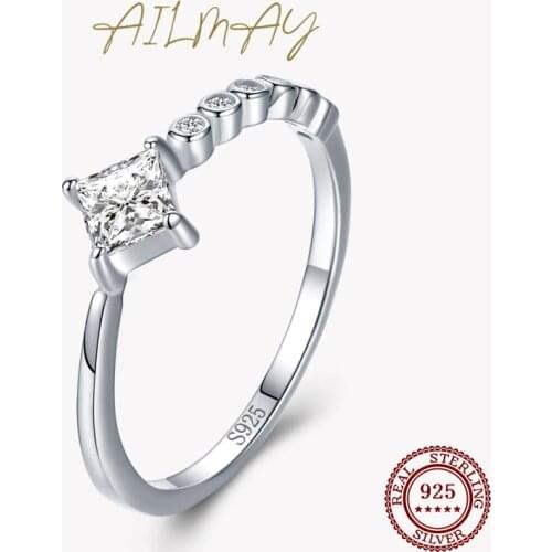 Ailmay Hot Sale Genuine 925 Sterling Silver Geometric Clear CZ Rings Fashionc Personality For Women Wedding Engagement Jewelry