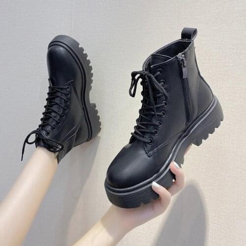 Women Black Platform Boots Women Shoes Autumn Winter Leather Boots Lace Up Ankle Boots Motorcycle Thick Heel Woman Footwear 42