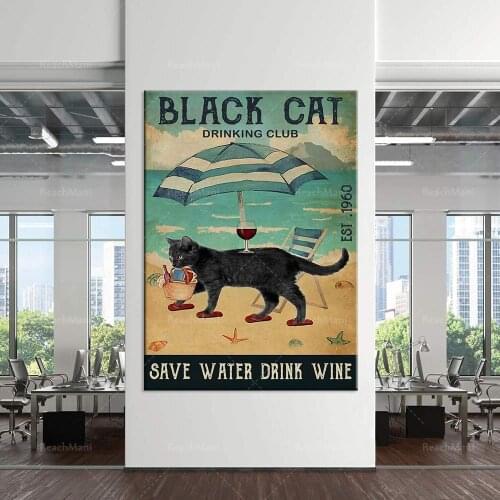 Black cat drinking club save water drinking wine funny retro poster life home decoration poster