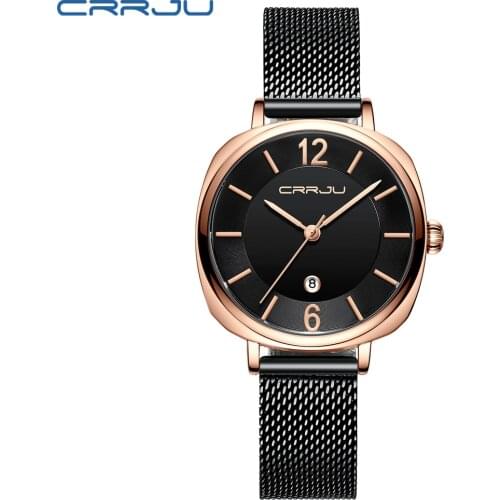 CRRJU Women Watches Top Brand Luxury Japan Quartz Movement Stainless Steel Black Dial Waterproof Wristwatches relogio feminino