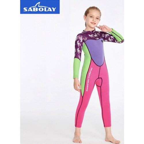 Sabolay Children Surfing Diving Swimming Suit Girls Wetsuit Kids One-Piece Swimsuit Rash Guards Anti-UV 2mm Neoprene Long Sleeve