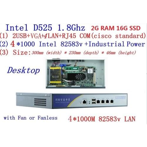 Atom D525 dual core 1.8GHz firewall server 2G RAM 16G SSD Desktop mode 4*Intel 82538V 1000M network support pfSense, WayOS