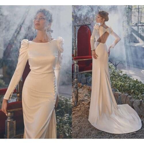 Elegant Mermaid Wedding Dresses 2021 Scoop Ruffles Long Sleeves High Split Buttons Satin Bridal Gowns Vestidos De Noiva