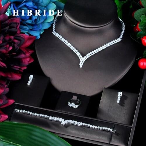 HIBRIDE Luxury Geometric 2 Tone Mix Women Wedding Cubic Zirconia Statement Necklace Earring Bangle Ring Jewelry Set N-25