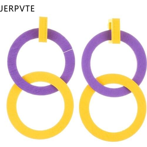 JERPVTE DIY Big Hollow Double Circle Long Statement Earrings Boho Style Real Wood Colorful Drop Earrings 2018