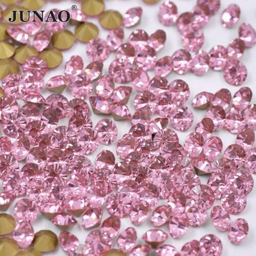 JUNAO SS6 8 10 12 16 20 30 Pointback Pink Glass Rhinestone Stickers Non Hot Fix Round Strass Diamond Nail Art Decoration
