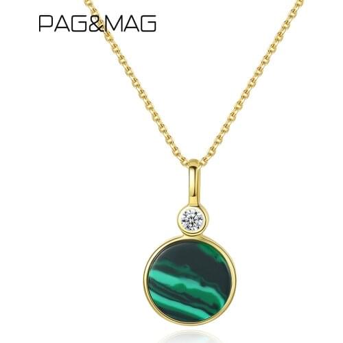 PAG&MAG Natural Malachite Round Pendant Necklace 925 Sterling Silver Zircon Choker Necklace Fine Jewelry Collares Mujer SN0137
