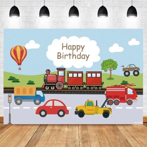 Laeacco Happy Birthday Backdrop Photography Baby Cartoon Traffic Train Car Party Banner Photographic Background Customized