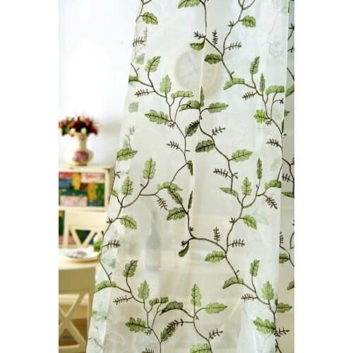 Embroidered Linen Sheer Curtain Leaves Drape Embroidered Luxury Transparent for Kitchen / Hotel with Color Green Blue Brown