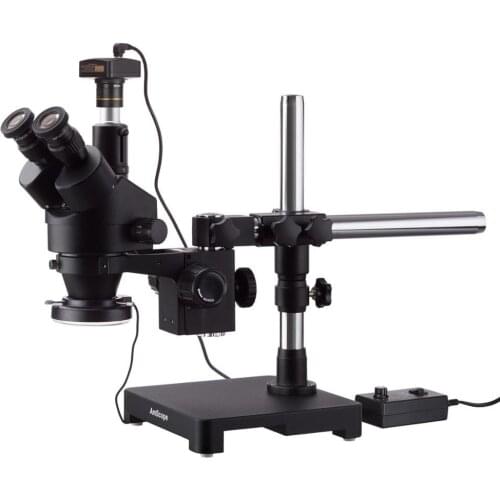 AmScope 7X-45X Black Trinocular Stereo Zoom Microscope on Single Arm Boom Stand + 144 LED Ring-light with USB2.0 10MP Camera