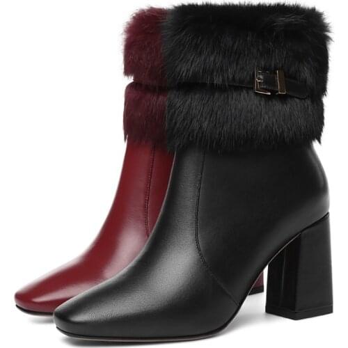 Fashion high quality leather winter women boots square thick high heels black red beautiful plush decorative boots women