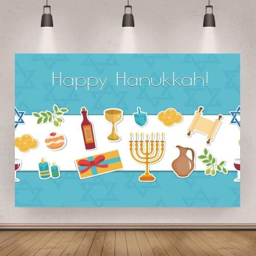Cartoon Happy Hanukkah Party Blue Theme Backdrops For Photo Studio Candle Banners Photography Gourmet Food Backgrounds Custom