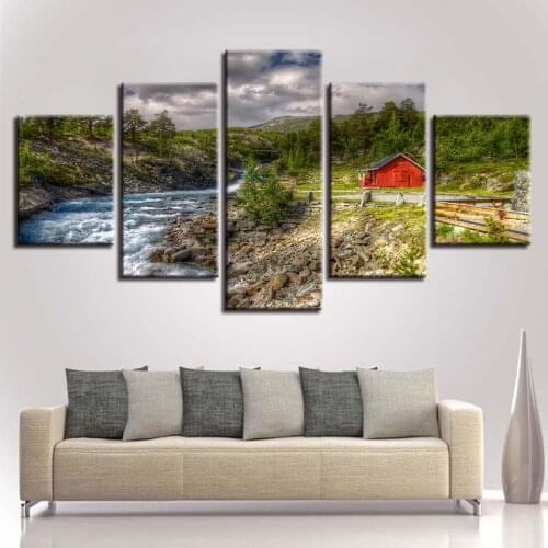 Wall Picture Decor HD Print 5 Pieces Red House And River Mountain Green Tree Naturlar Scenery Canvas Paintings(No Frame)