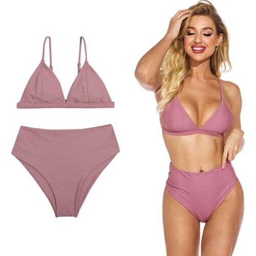 Women/teen girls Vintage Swimsuit Two Piece Retro Halter Ruched High Waist Bikini Bathing Suit swimwear Adjustable Back