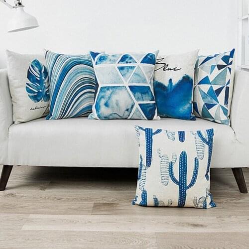 Wholesales Vintage Blue Watercolor Cushion Cover Geometric Cactus Cushions For Sofa Seat Simple Home Decor 45*45cm Pillow Case