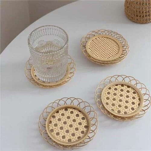 Drink Cup Coffee Coasters Japanese Mat Dining Table Placemat Bamboo Woven Saucer Mat Non-slip Pot Holder Rattan Woven Cup