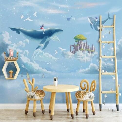 Custom 3D wallpaper mural hand-painted watercolor sky whale childrens room mural background wall decoration mural