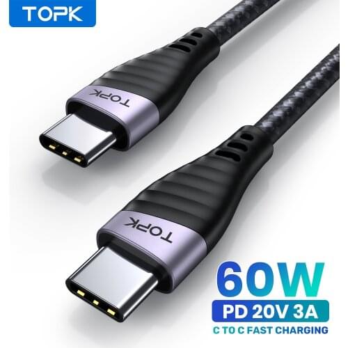 TOPK AC15 60W USB C to USB Type C Cable for MacBook Pro USBC USB-C Type-C PD Cable Fast Charging for Samsung S20 Xiaomi mi10 Pro