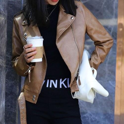 Streetwear Women Leather Coat With Belt Spring Long Sleeve Faux PU Leather Jacket Female Punk Outerwear Ladies Moto Biker Jacket