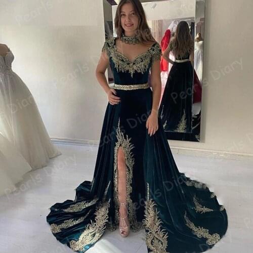 Green Caftan Evening Dresses Detachable Train Appliques Beaded Lace Velvet Arabic Muslim Prom Gowns Party Night Morocco Kaftans