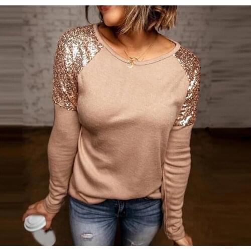 T-shirt 2021 Autumn Long Sleeve Patchwork Sequins Women Loose Casual Shirts Elegant Ladies Streetwear Tees Top Blusas Mujer