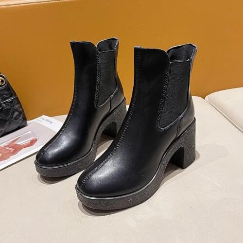 New 2020 Autumn Winter Women Boots Shoes Cow Patent Leather High Heels Platform Black Beige Shoes Woman Dress Party Office Boots