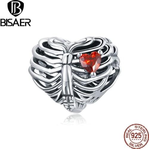 BISAER Beating Heart Charms 925 Sterling Silver Heart CZ Beads fit Women Silver Bracelets Original Jewelry Accessories ECC1764