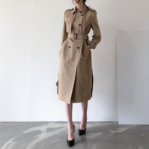 British style women double breasted belted formal outerwear 2020 autumn winter new over knee long slim trench coat for ladies
