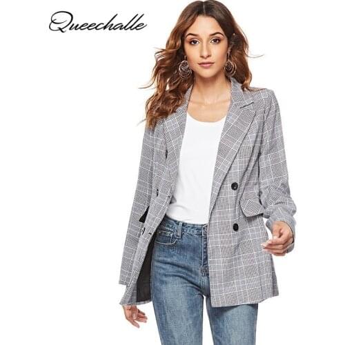 Women Casual Plaid Blazer Jackets 2021 Spring Suit Blazer Gray Long Sleeve Office Lady Formal Notched Slim Blazer Feminino