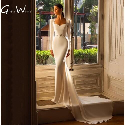 Elegant Satin Full Sleeves Wedding Dresses Mermaid With Belt Zip Up Back Fall Bridal Dress Autumn Muslim robe de mariée