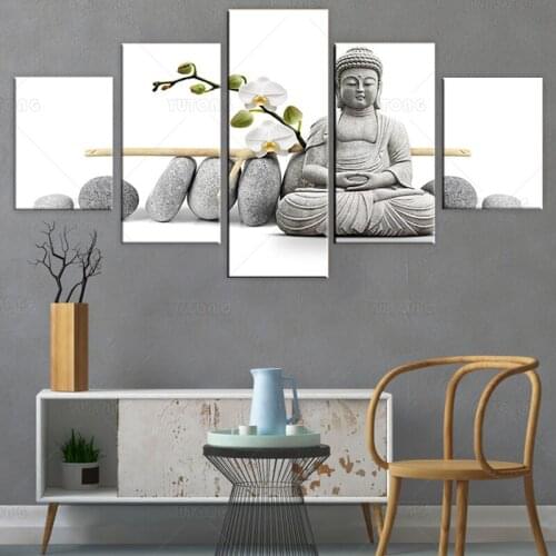 Canvas Poster Wall Art Prints Pictures 5 Pieces Buddha Statue White Moth Orchid Painting Living Room Home Decor Frame