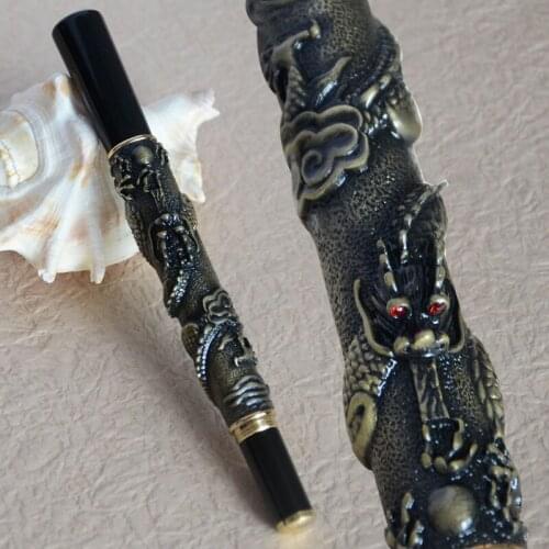 JINHAO 41 ANTIQUE BRASS FOUNTAIN PEN WITH DRAGON EMBOSSMENT CRYSTAL