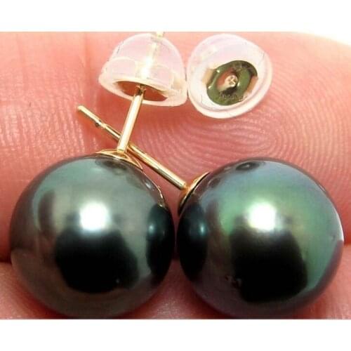 Free shipping CHARMING 10-11MM AAA tahitian black green PEARL EARRING 18 k