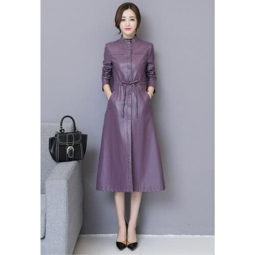 Excellent Quality PU Leather Long Design Trench Coat For Lady 2019 Autumn Slim Plus Size Women Clothing Breasted Coats Outwear