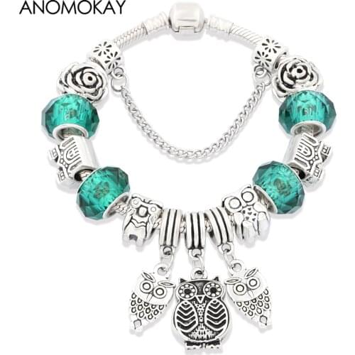 Dropshipping Classic Silver Color Owl Pendant Charm Bracelets Green Crystal DIY Bead Bracelet Jewelry for Children Gifts