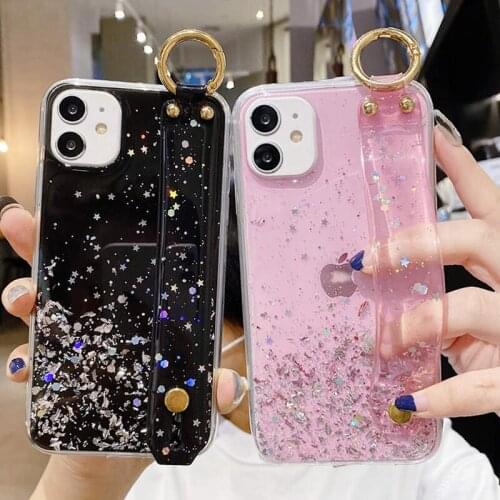 Epoxy Glitter Starry Sequins Wrist Strap Clear Case for Huawei Nova 2 3 4 5 5i 6 7 Pro SE 2S Wristband Ring Holder Stand Cover